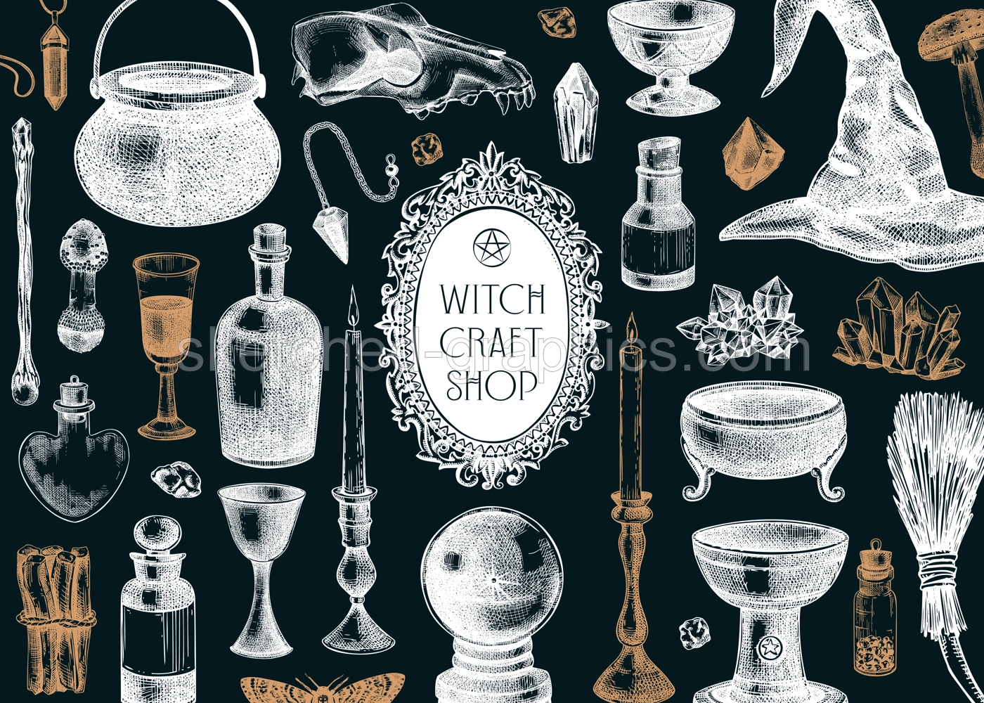 Bohemian style witchcraft background. Vinatge Halloween sketches. Hand-drawn vector illustration. Antique apothecary design on chalkboard. Witchcraft shop banner. NOT AI generated Illustration